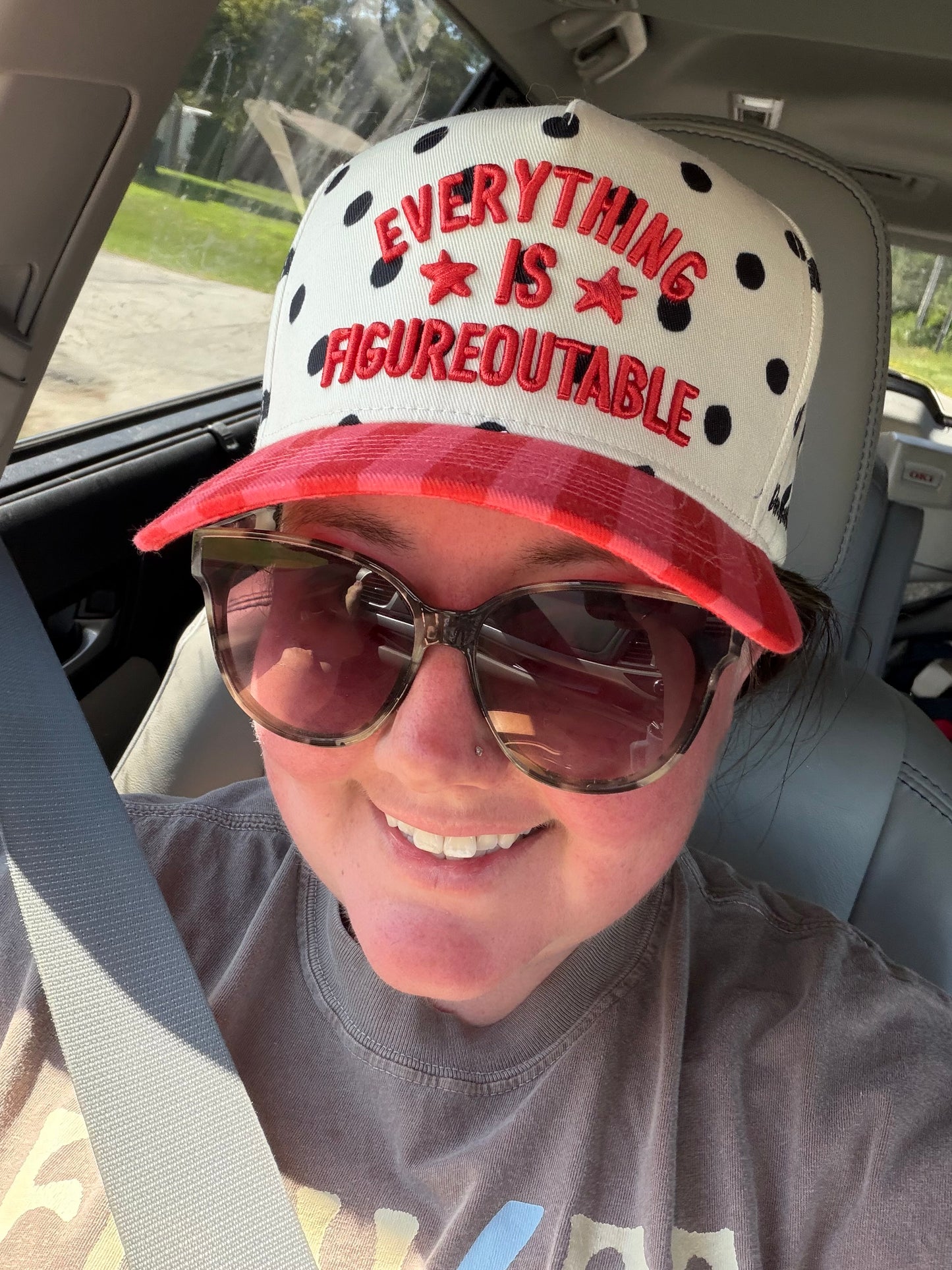 Everything Is Figureoutable Embroidered Trucker Hat | Red & Black Polka Dot Statement Hat