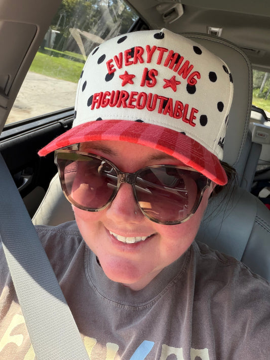 Everything Is Figureoutable Embroidered Trucker Hat | Red & Black Polka Dot Statement Hat