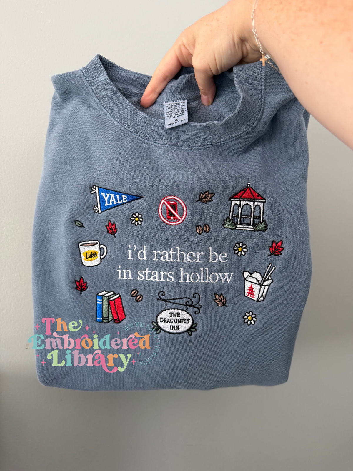 i'd rather be in stars hollow embroidered crewneck