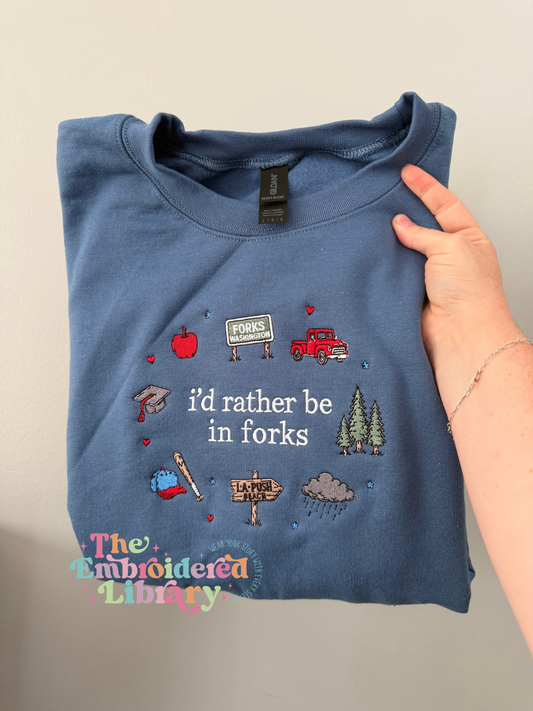 i'd rather be in forks embroidered crewneck