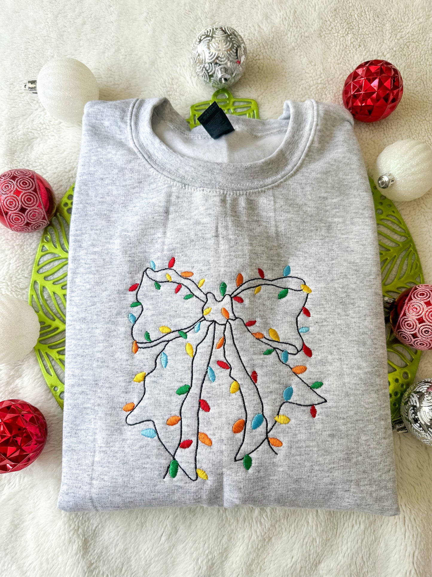 Bow With Christmas Lights Embroidered Crewneck Sweatshirt