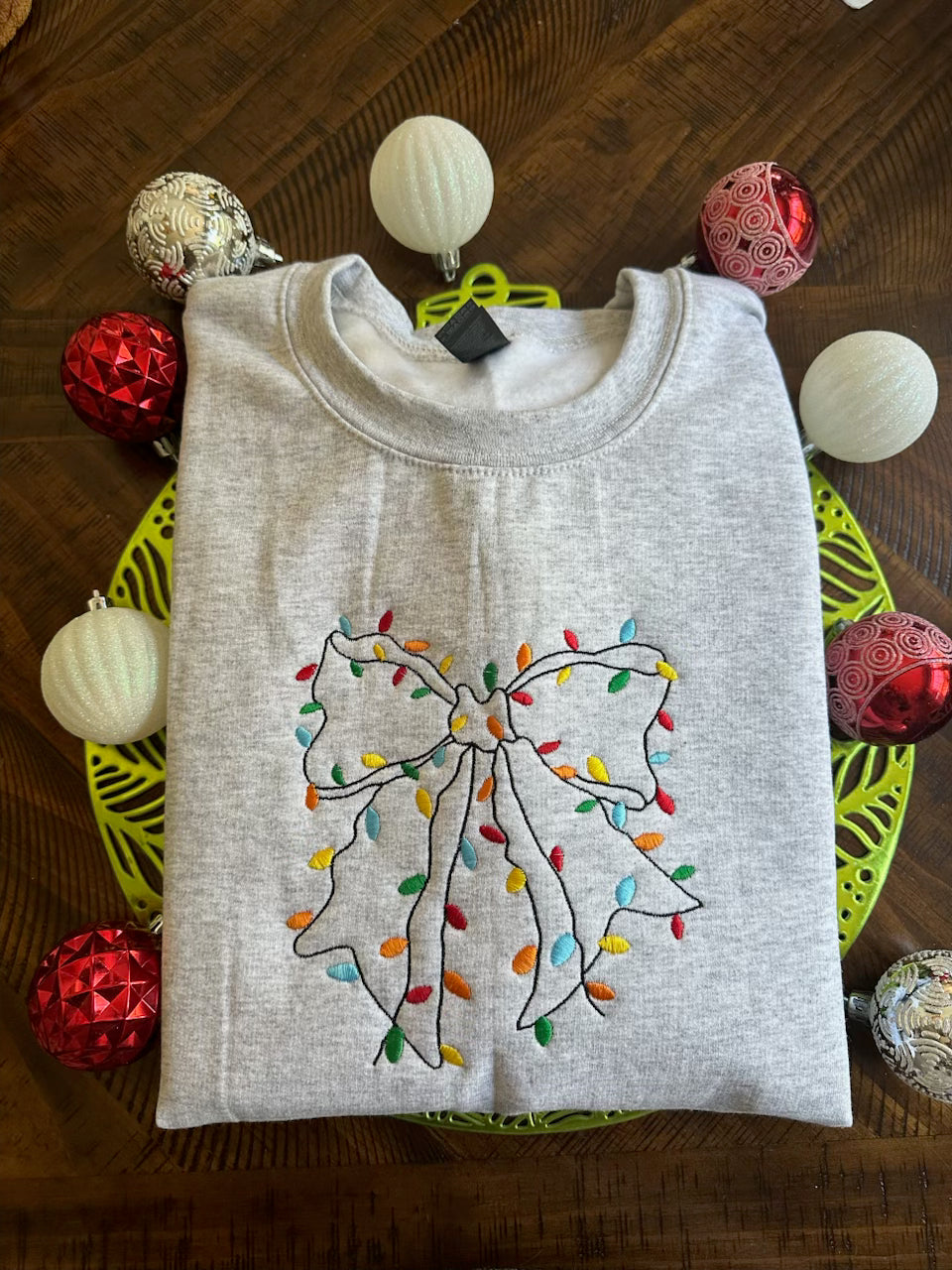 Bow With Christmas Lights Embroidered Crewneck Sweatshirt